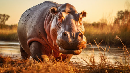 Hippopotamus in tall dry grass at sunsetの素材