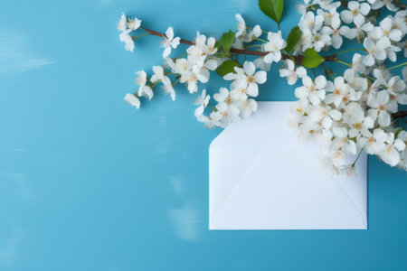 Cherry tree blossom, branches with white spring flowers and envelope over blue backgroundの素材