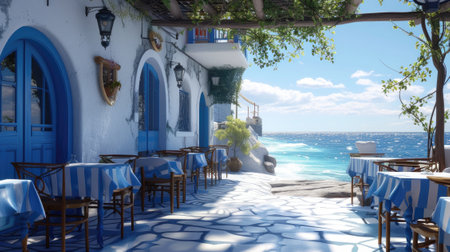 Greek culture with traditional white and blue Greek architecture, taverna by the seaの素材