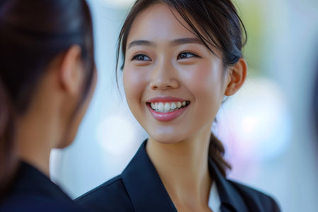 Young Japanese smiling woman in jacket. Business friendly negotiationsの素材