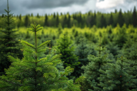Spruce trees nursery or plantation, growing a young forest.の素材