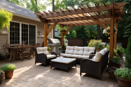 Cozy patio with sofas and a table. Pergola shade over patio.の素材