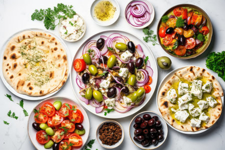 Greek food background. Meze, gyros, souvlaki, fish, pita, greek salad, tzatziki, assortment of feta, olives and vegetables. Traditional different greek dishes set.の素材