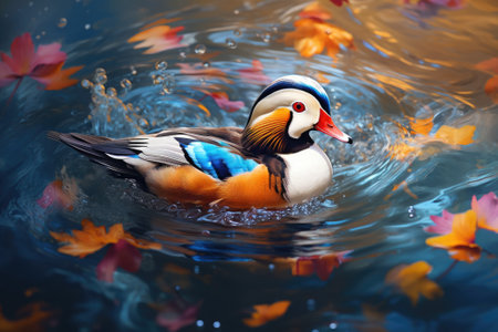 Mandarin duck swimming in waterの素材
