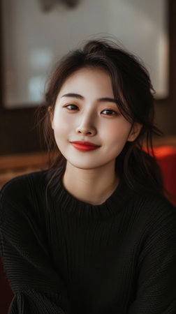 Portrait of a beautiful Chinese brunette girl with a smile on her faceの素材