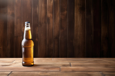 Beer advertisement background with copy space. A bottle of beer on a wooden background.の素材
