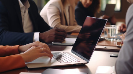 Diverse corporate team engaged in brainstorming around laptop, teamworkの素材