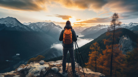 Professional photographer taking picture with modern camera in mountains.の素材