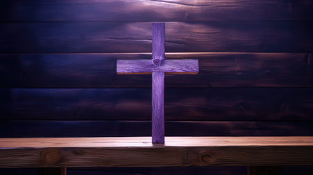 Purple wooden cross on an empty pew in the churchの素材