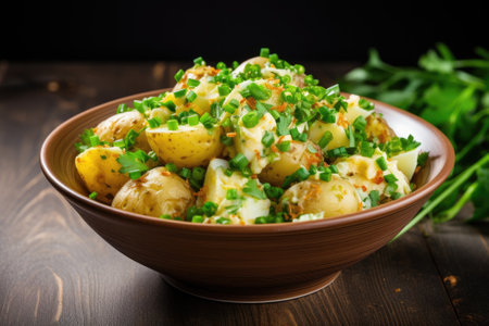 Potato salad with eggs and green onionの素材