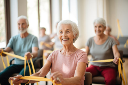 Seniors doing exercise seated with exercise bandsの素材