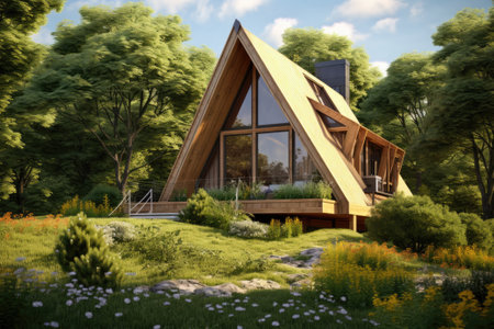 Eco wooden small house near forest, sustainable architectureの素材