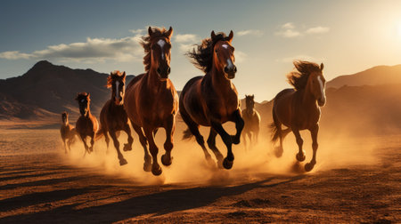 Group of horses running gallop in the desert.の素材