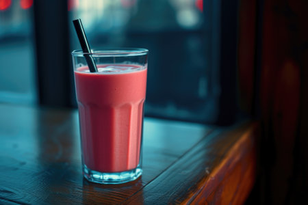 Creamy strawberry juice on the wooden tableの素材