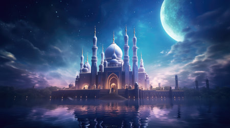 Ramadan kareem eid al fitr with holy gate of mosque with beautiful light on its minaret. Animated background of a magnificent Mosque at midnight full moonの素材