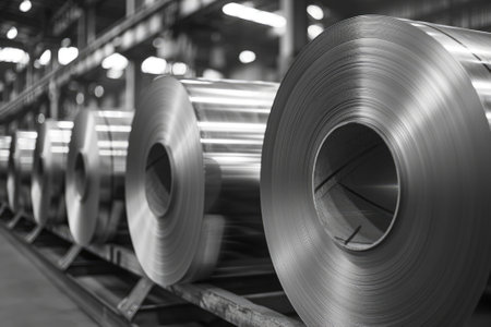 Rolls of galvanized steel sheet inside the factory or warehouse. Industrial productionの素材