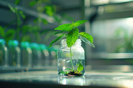 Plant research, green plant in a glass jar in a laboratory. Ecological breeding and plant development.の素材