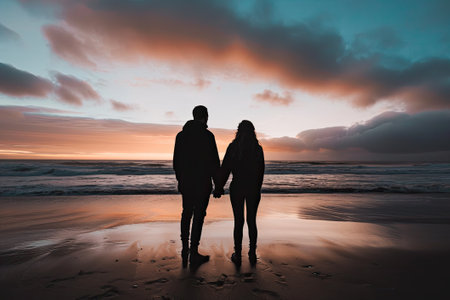 A man and woman holding hands on a beachの素材