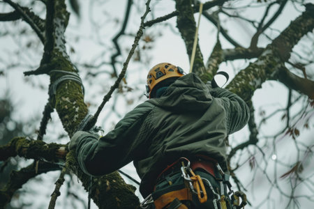 Arborist working at height in tree.の素材