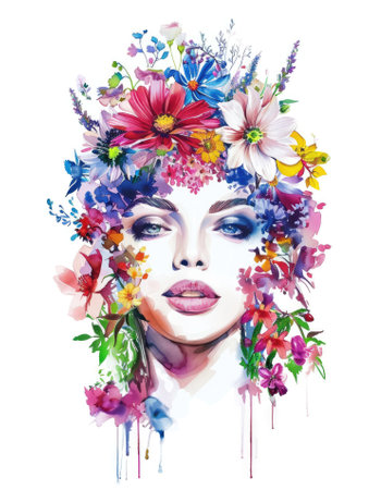 Beauty woman portrait with wreath from flowers on head over white backgroundの素材