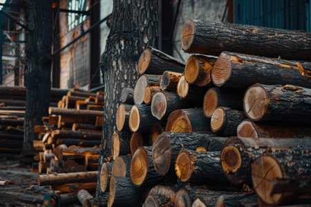 Large pile of logs in a wood processing plantの素材