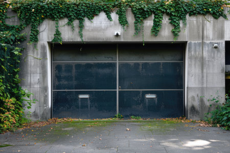 Garage door with a driveway in front.の素材