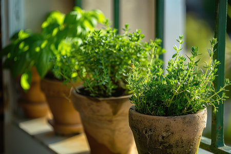 Fresh green herbs basil, rosemary and coriander in pots on the terrace of the houseの素材