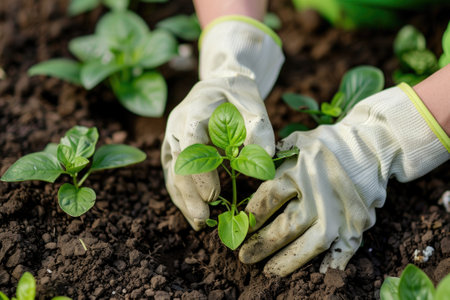 Hands in gloves caring for a young plant, gardening conceptの素材