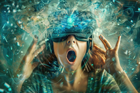 Shocked young woman learning world in virtual reality headset.の素材