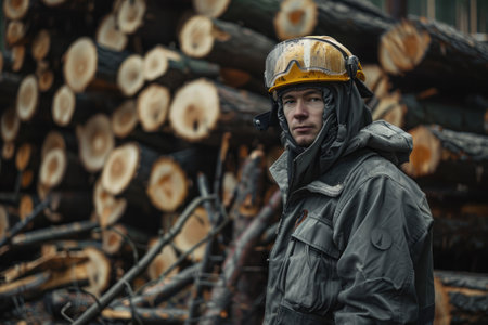 Forestry worker in protective workwear in front of wood lumber cut treeの素材