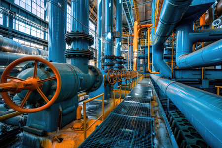 Modern industrial building with pipes, heat exchangers and valves.の素材