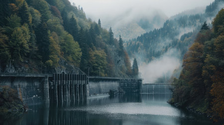 A dam with a hydroelectric power plant to the wooded countryside. Renewable energy conceptの素材