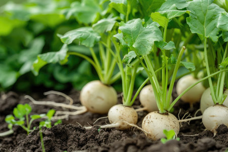 Freshly harvested white round radish in the garden background.の素材