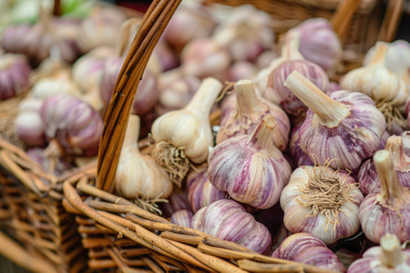 Group of garlic in basket on market outdoorの素材