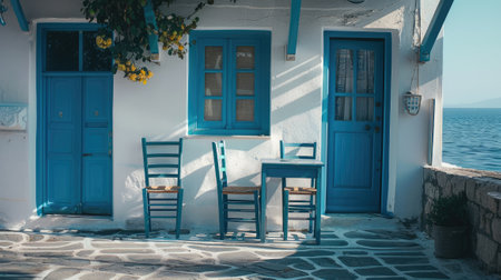 Greek culture with traditional white and blue greek architecture, taverna.の素材