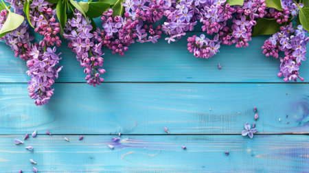 Beautiful fresh lilac border on a blue wooden backgroundの素材