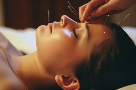Woman in an acupuncture therapy on head at salonの素材