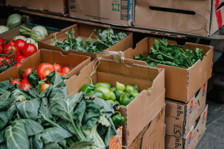 Fresh vegetables in cardboard boxes on the marketの素材