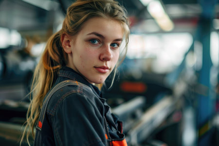 Portrait of a young girl in a car workshop. Auto mechanic and car repair specialistの素材