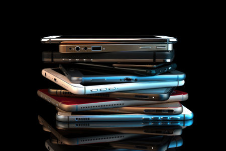 A pile of different smartphones isolated on a black background.の素材