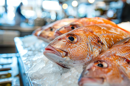 Raw fresh fish on ice at the marketの素材