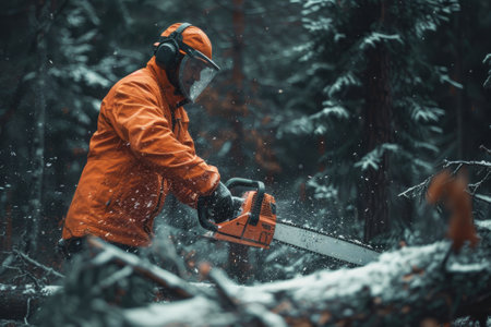 Man holding a chainsaw and cutting trees. Lumberjack at work wears orange personal protective equipment. The professional occupation of a forestry workerの素材