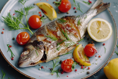 Grilled fish fillet with vegetables on a plate.の素材