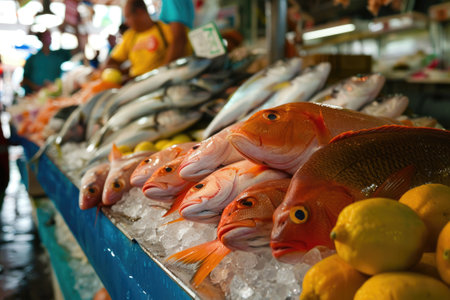Raw fresh fish on ice at the marketの素材