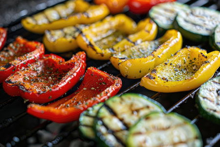 Grilled vegetables on a grill, red pepper and yellow pepper, zucchiniの素材