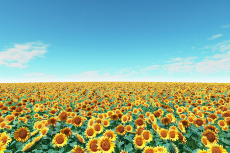 A field of sunflowers with blue skyの素材