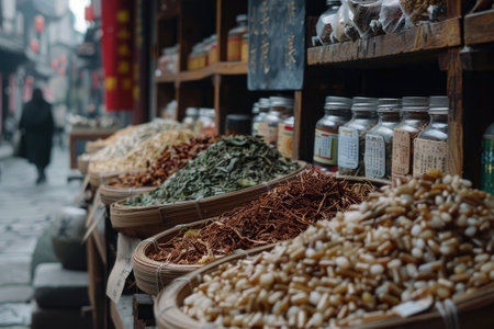 Assortment of dried plants used for traditional Chinese herbal medicine. Market in the streetの素材