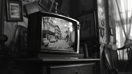 Historic TV with black and white picture. A feeling of nostalgia and melancholyの素材
