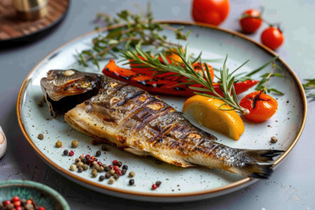 Grilled fish fillet with vegetables on a plate.の素材