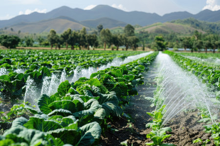 Precision irrigation systems for efficient water use in agriculture. Broccoli in the field with drip irrigationの素材